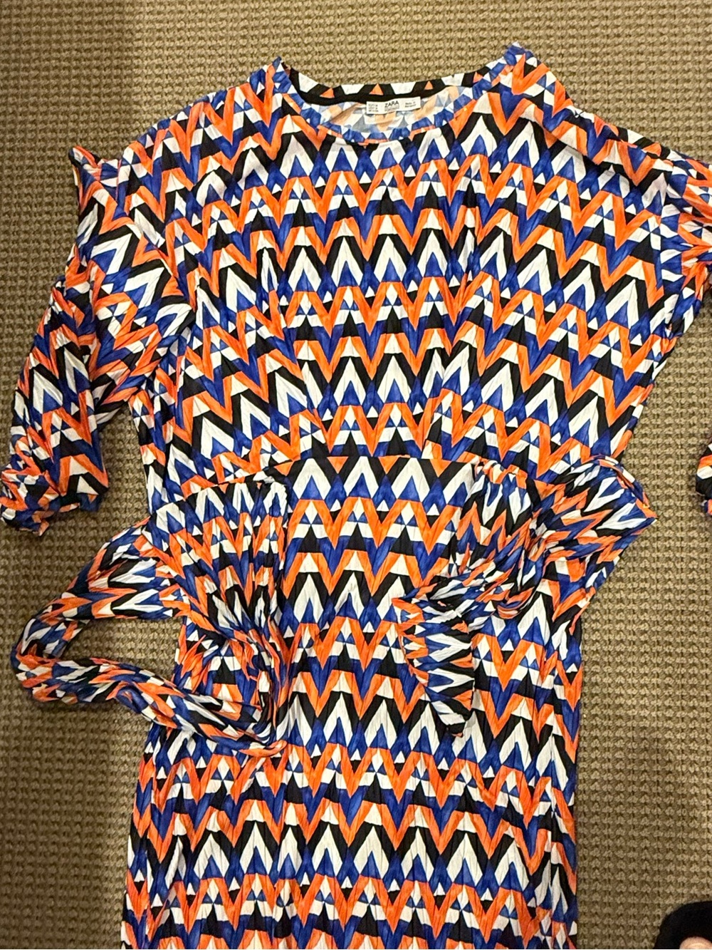 Zara women’s' Chevron Tie-Waist Dress in Blue, Orange & White